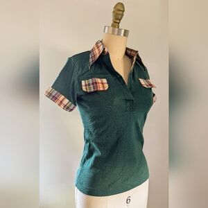 Hukapoo - Vintage 1970s Preppy Green Polo Shirt With Plaid Accents